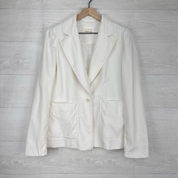 By Anthropologie Elvire Linen Blend Blazer Jacket Women 6 White Twill Preppy - Picture 1 of 16